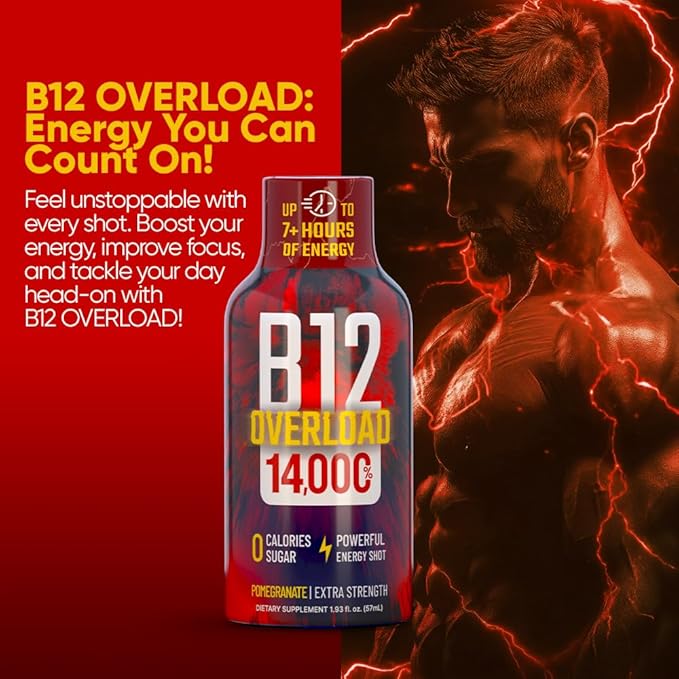 B12 Overload Extra Strength Energy Shot – Pomegranate – 260mg Caffeine, 14000% B12, Electrolytes – Energy & Vitality Support – Zero Sugar No Calories – Vegan, Kosher, Gluten-Free – 1.93 fl oz, 24-Pack