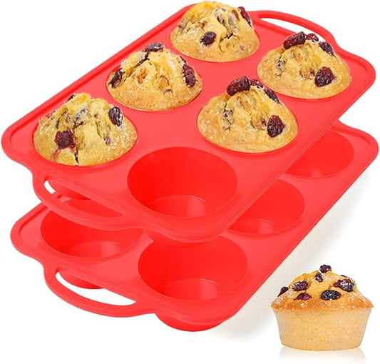 Jumbo Muffin Pan, 3.5 Inch Large Muffin Pan with Metal Reinforced Frame 6 Cup Silicone Jumbo Cupcake Pans for Baking Easy to Handle 2 Pack Red