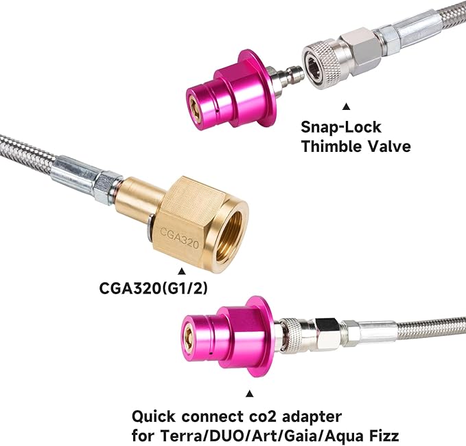Pink Quick Connect CO2 Adapter 60in Hose Kit, CGA320 CO2 Cylinder Tank Direct to Sparkling Water Soda Maker for Terra DUO Art Gaia Aqua Fizz