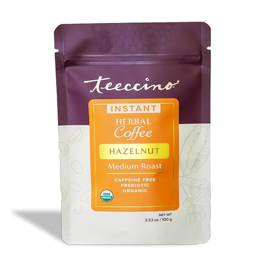 Teeccino Instant Organic Hazelnut Herbal Coffee– 33 servings – Instant Chicory Coffee Alternative with Buttery Hazelnuts Slightly Sweetened by Dates That’s Prebiotic, Caffeine-Free & Acid Free - 3.53 ounces