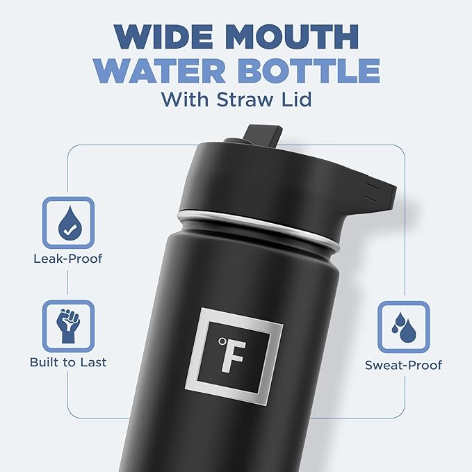 IRON °FLASK Camping & Hiking Hydration Flask with 3 Lids - Stainless Steel, Double Walled & Vacuum Insulated Water Bottle - Leak Proof & BPA Free (Cobalt, Straw - 22 oz)