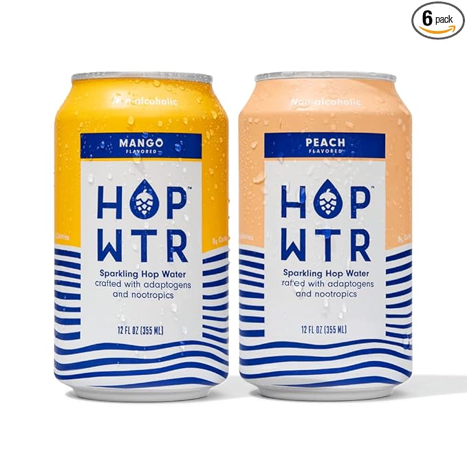 HOP WTR Sparkling Hop Water Peach 6 Pack, Mango 6 Pack, Sugar Free, Low Carb Non Alcoholic Drinks, NA Beer, Adaptogen Drink, No Calories, Adaptogens & Nootropics for Added Benefits, 12 oz Cans