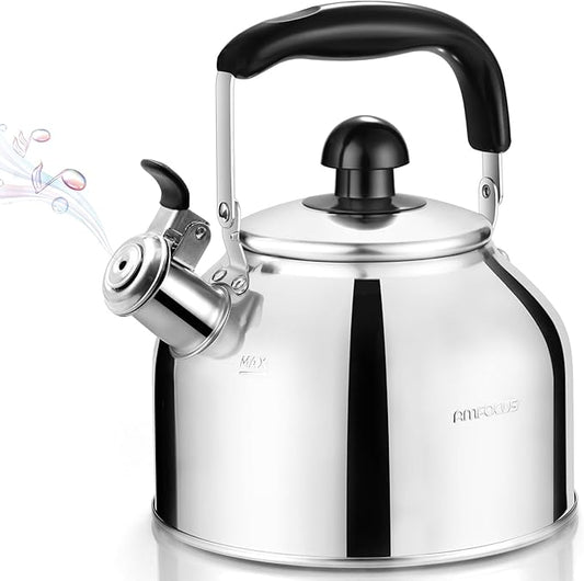 AMFOCUS Tea Kettle Stovetop, Whistling Tea Kettle Pots for Stove Top, 2.64 QT Food Grade Stainless Steel Teakettle Teapot with Cool Grip Folding Handle, Hot Water boiler for Tea, Milk, Coffee