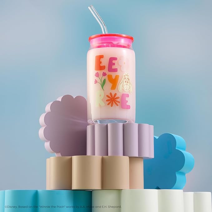 JoyJolt Disney Winnie the Pooh & Friends Flower Power Glass Tumblers with Lids and Straws, 16oz Glass Cups with Lids and Straws, Can Shaped Drinking Glasses Set of 4, Disney Gifts for Adults