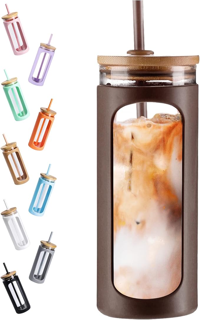 Kodrine 20oz Glass Tumbler with Straw and Lid, Iced Coffee Cups with Bamboo Lids, Glass Cups for Cold Drinks, Smoothie Cup with Silicone Sleeve for Travel, Work, BPA FREE-Brown