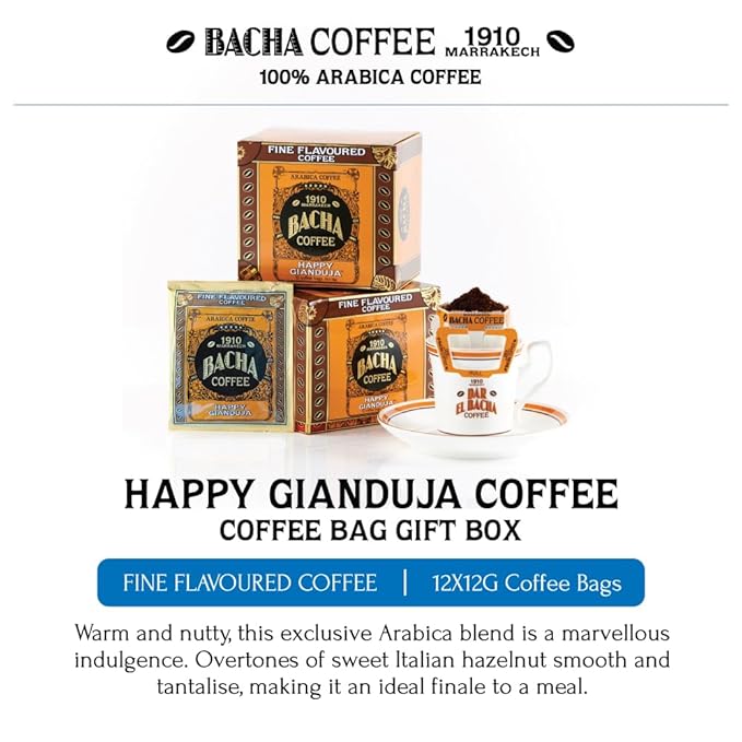 Bacha Coffee | Happy Gianduja Fine Flavoured, Medium Roast, 100% Arabica Specialty Coffee, 12 Coffee Drip Bags, Gift Box