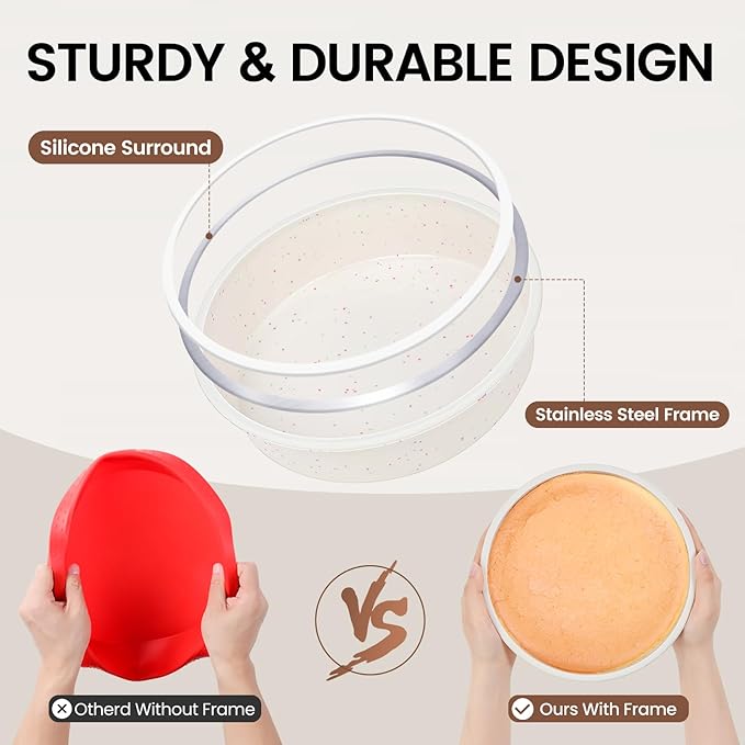 Vinino 8 Inch Silicone Round Cake Pan with Metal Reinforced Frame Set of 2, Nonstick Silicone Springform Pan for Baking Suitable for Making Layers, Cheese & Chocolate Cakes