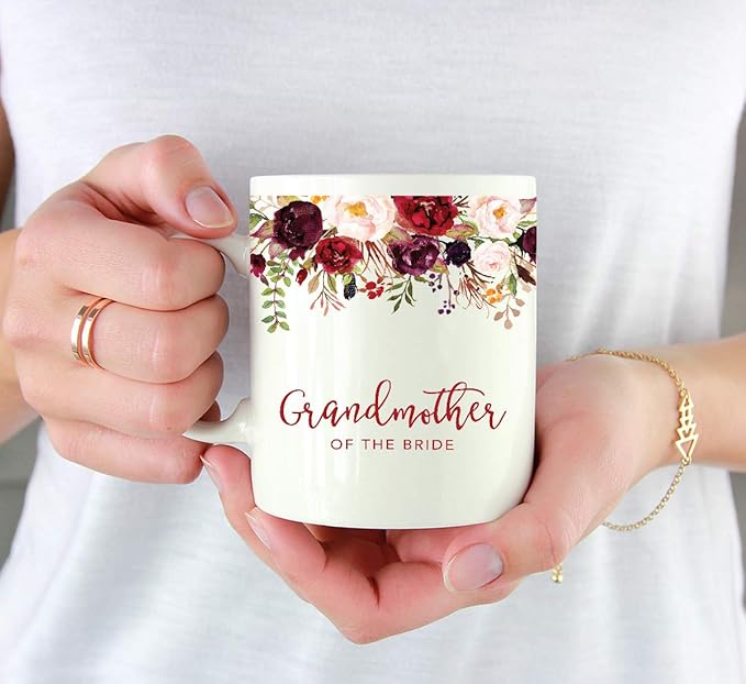 Andaz Press 11oz. Wedding Ceramic Coffee Tea Mug Gift, Fall Autumn Marsala Burgundy Flowers Roses Florals, Grandmother of the Bride, 1-Pack, Includes Gift Box