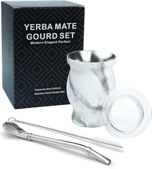 LA FEE Yerba Mate Natural Gourd/Tea Cup Set Brown (Original Traditional Mate Cup - 8 Ounces)，Includes Yerba Mate Straw & Cleaning Brush，Stainless Steel | Double-Walled | Easy to Clean (White)