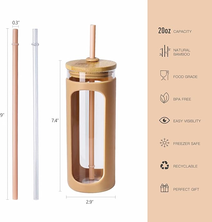 Kodrine 20oz Glass Tumbler with Straw and Lid, Bamboo Lids Water Bottle, Reusable Iced Coffee Cups, Wide Mouth Smoothie Cup with Protective Silicone Sleeve BPA FREE-Amber-2pack
