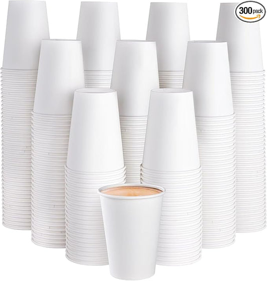 JOLLY PARTY 300 Pack 12 oz Disposable Paper Coffee Cup, Hot/Cold Beverage Drinking Cups for Water, White Paper Hot Coffee Cups