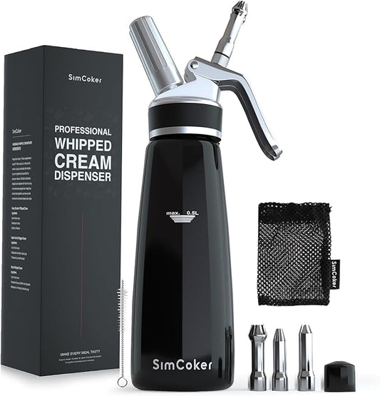 Whipped Cream Dispenser,Aluminum 500ml Whipped Cream Maker,3 Decorating Nozzles,1 Brush,1 Storage Bag,withou N2O Charger,Black