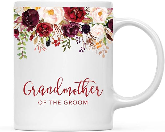 Andaz Press 11oz. Wedding Ceramic Coffee Tea Mug Gift, Fall Autumn Marsala Burgundy Flowers Roses Florals, Grandmother of the Groom, 1-Pack, Includes Gift Box