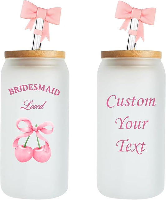 Personalized Tumbler with Cherries Bows-Can Shaped Glass with Lids and Straws-18OZ Iced Coffee Cups with Lids, Cherry Decor Cute Glass Cups, Mothers Day Bridesmaid Gifts for Women (Bow-text)