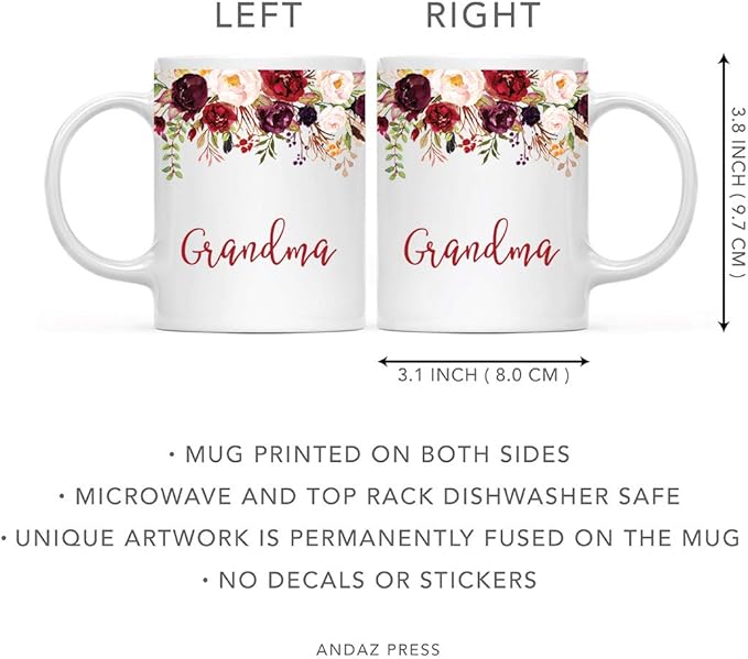 Andaz Press 11oz. Mother's Day Ceramic Coffee Tea Mug Gift, Fall Autumn Marsala Burgundy Flowers Roses Florals, Grandma, 1-Pack, Includes Gift Box, Birthday Christmas Gift Ideas