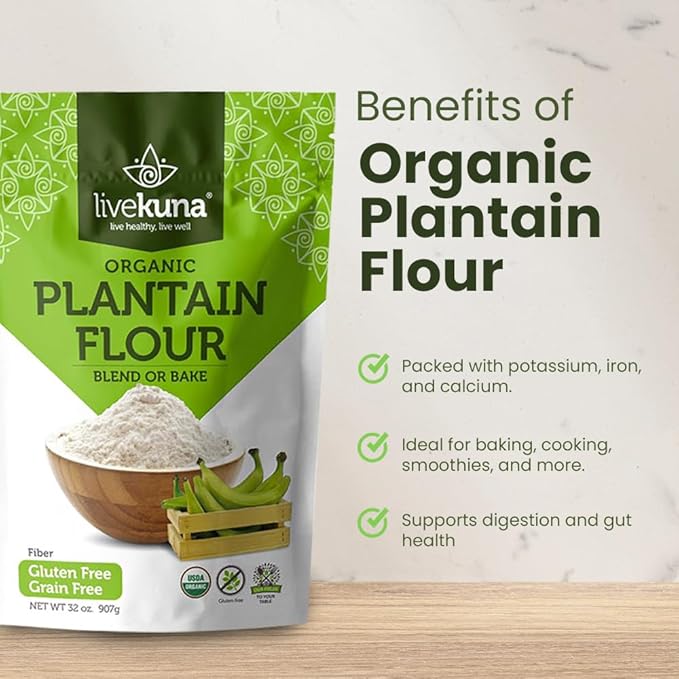 LiveKuna Organic Plantain Flour - Gluten Free All Purpose Flour Alternative For Baking & Cooking Recipes - Grain Free Vegan Plantain Flour, Rich In Fiber & Vitamins for Keto & Paleo Diets, 32oz Bag