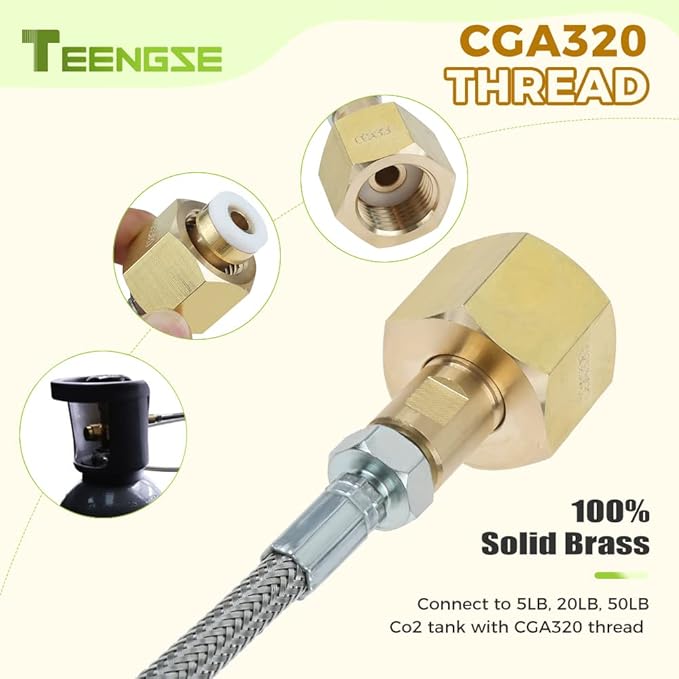 CO2 Cylinder Direct Adapter Hose, 60in Stainless Steel CO2 Tank Hose Compatible with Fizzi One Touch Jet Aqua Fizz, CGA320 to TR21-4