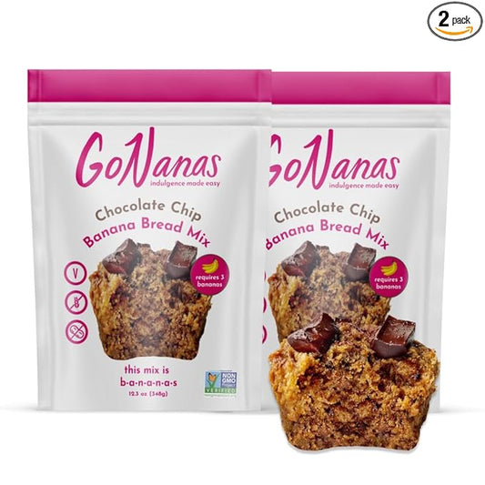 GoNanas Chocolate Chip Oat Flour Banana Bread Mix, Suitable for Plant Based Vegan Diets, Gluten Free Dairy Free Snacks, Healthy Snacks For Adults, Muffin Mix, Nut Free, Cupcakes Dessert, NON-GMO, 2pk