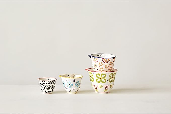 Creative Co-Op Floral Hand Stamped Stoneware Measuring Cups (Set of 4 Sizes/Designs)