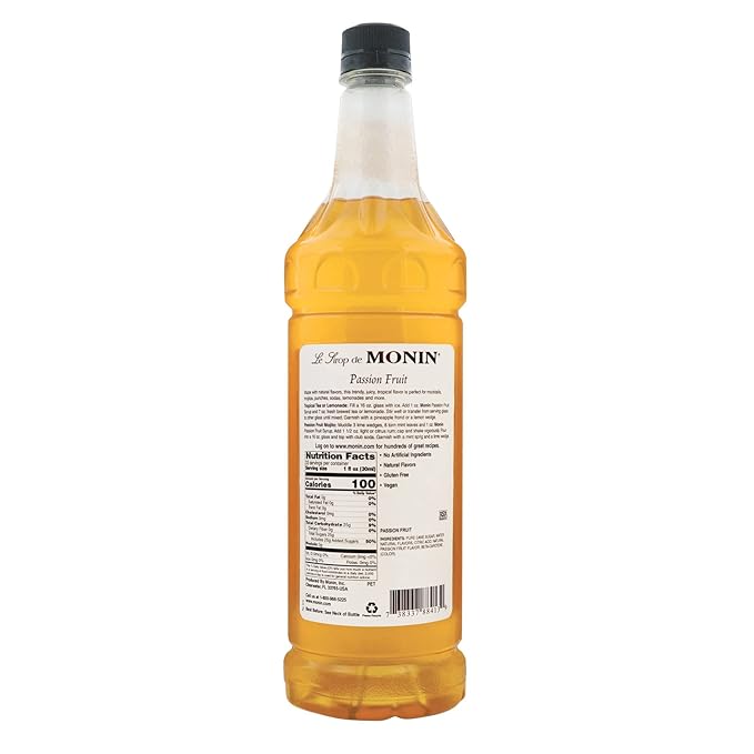 Monin - Passion Fruit Syrup, Sweet Tropical Flavors, Great for Teas, Sodas, & Cocktails, Natural Flavors, No Artificial Sweeteners or Ingredients, Gluten-Free, Vegan, Non-GMO, Clean Label (1 Liter)