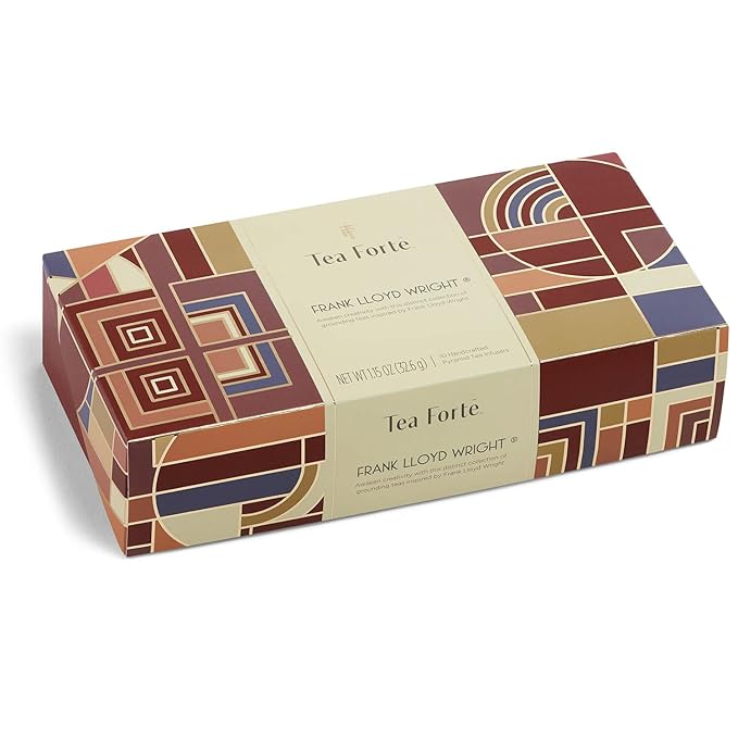 Tea Forte Frank Lloyd Wright Petite Presentation Box Tea Gift Set Sampler, 10 Count, 2 of Each Variety Individually Wrapped Handcrafted Pyramid Infuser Bags