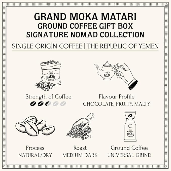 Bacha Coffee | Grand Moka Matari Single Origin Signature Nomad Collection, 100% Arabica Specialty Coffee, Ground Beans, Medium Dark Roast, 250g