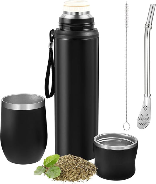 Dandat 2-Piece Yerba Mate Cup and Vacuum Bottle Kit - 12 oz Yerba Mate Gourd Cup with Bombilla Set and 34 oz Insulated Water Bottle - Black