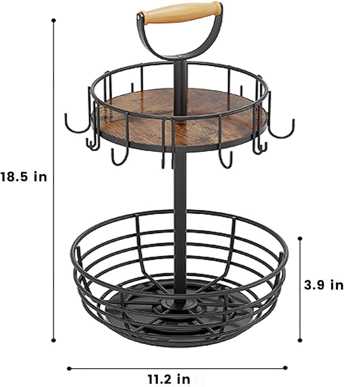 Coffee Mug Holder, 2 Tier Coffee Cup Holder with Hooks, Rotatable Mug Rack Organizer with Cup Pods & Saucer Basket for Bar Kitchen Counter