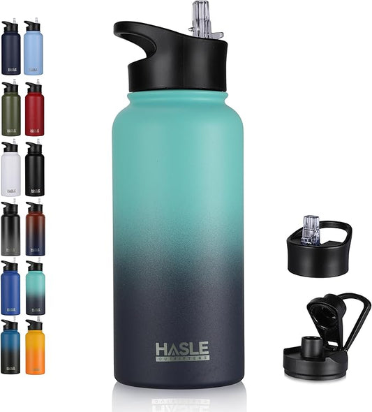 HASLE OUTFITTERS 32 oz Insulated Water Bottle Stainless Steel Double Walled Vacuum Sports Water Bottle with 2 Lids (Straw and Spout Lid) for Gym Camping Hiking(Green Blue Gradient,1)
