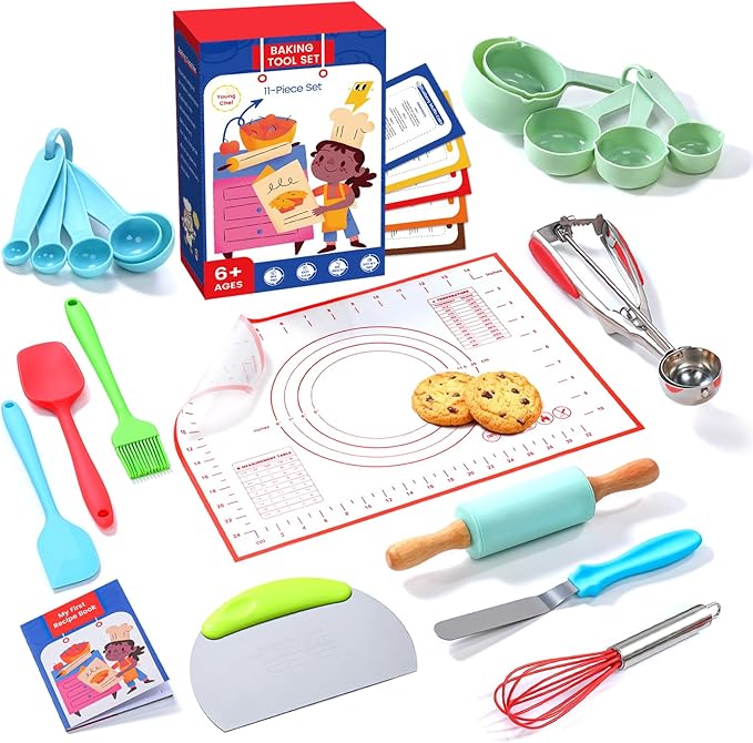 Vinino 11-Piece Kids Baking&Cooking Set – Real Baking Utensils with Cookbooks for Children, Toddler Safe Montessori Kitchen Accessories-Gift for Young Chefs Girls Boys Ages 6+