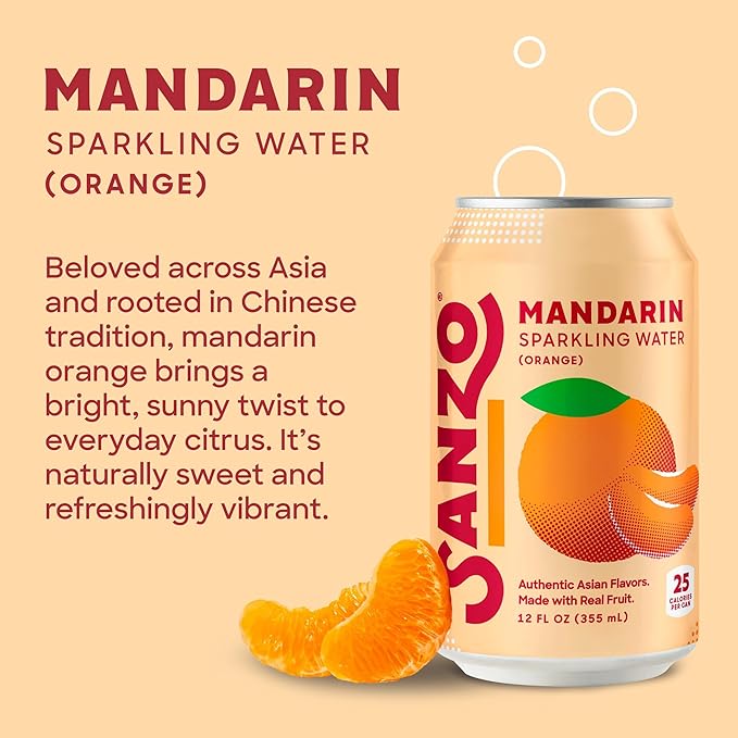 Sanzo Flavored Sparkling Water - Mandarin Orange Seltzer - Low Calorie Low Sugar Soda - Craft Asian Drinks - Vegan Gluten Free Carbonated Flavored Water - Fizzy Healthy Drinks - 12oz, 12 Pack