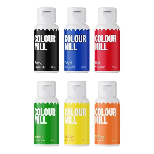 Colour Mill Oil-Based Primary Food Coloring, 20 Milliliters Each of 6 Colors: Black, Royal, Red, Green, Yellow and Orange