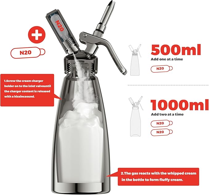 Whipped Cream Dispenser,Stainless Steel Bottle With Aluminum Head,1-Pint/500mL,Whip Cream Maker Canister with 3 Decorating Nozzles & Cleaning Brush - Need To Use N2O Chargers (Not Included) (500ml)