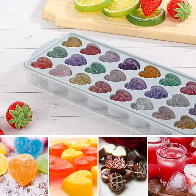 Heart Shaped Ice Cube Trays with Lid and Bins, Silicone Chocolate Mold, Easy Release Ice Trays, 24-Cavity Heart Molds for Ice Cubes, Gelatine, Baking and Candy