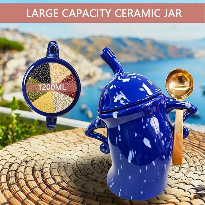Canister With Attitude - 1.2L Ceramic Storage Jar with Lid, Airtight Kitchen Canisters Set for Coffee, Sugar & Tea | Farmhouse Flour Sugar Storage Container, Handmade with Spoon Rest (Blue)