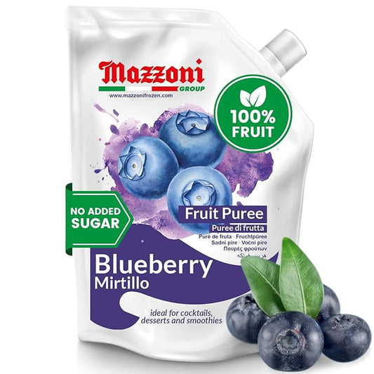 Mazzoni Blueberry Puree, 100% Pure Blueberries, Just Fruit, No Sugar Added, 2.2 lbs (35.2 oz) RMixer for Cocktails, Drinks, Smoothies. Convenient Pouch, Made in Italy