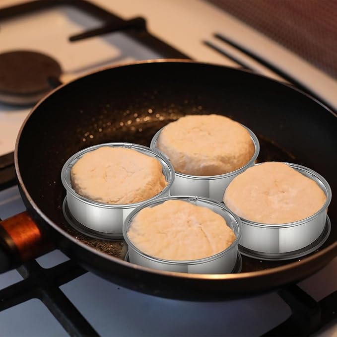 HARFINGTON 4pcs Crumpet Rings 3.15" Nonstick Round Cake Ring Stainless Steel Double Rolled English Pastry Rings for Kitchen Baking Crumpet Dessert, Silver