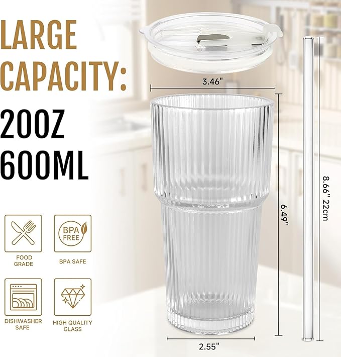 20oz Ribbed Glass Cups with Lids and Straws, Vintage Glass Tumbler with Straw, 2 Piece Iced Coffee Cups Set, Thicked Wall Drinking Glasses Ideal for Coffee