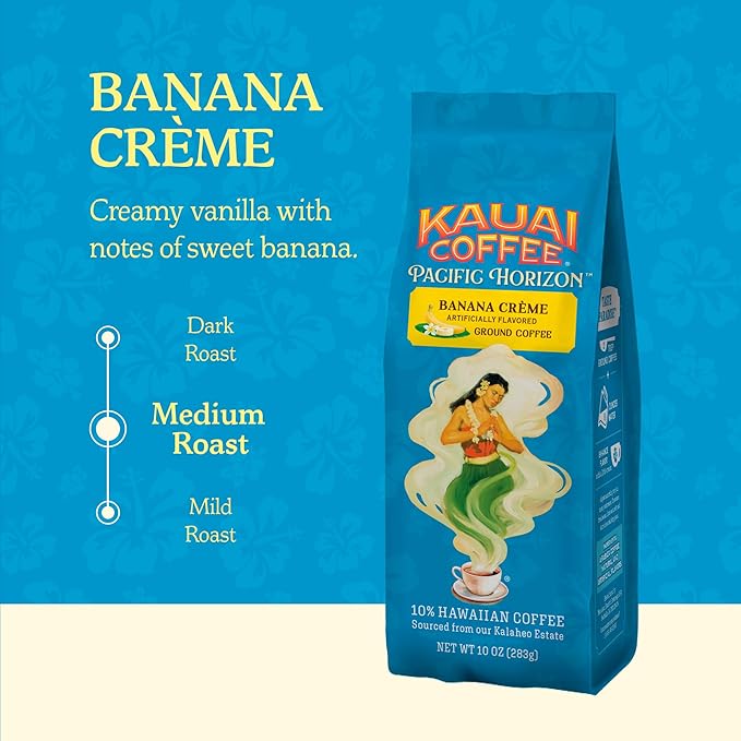 Kauai Coffee Ground Coffee – Smooth, Rich – Banana Flavor with Creamy Vanilla – Arabica Coffee, 10% Hawaiian with No Bitterness – Banana Crème, 1 Pack of 10oz