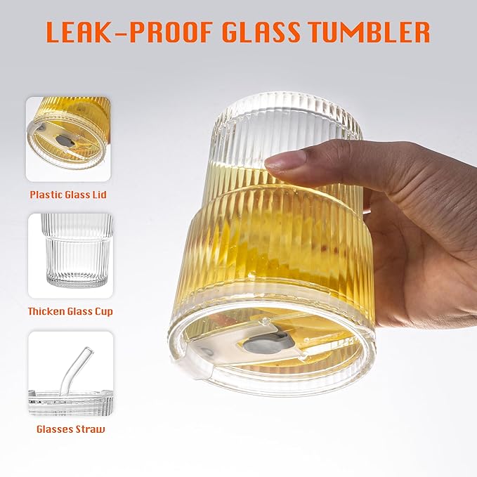 13oz/400ML Glass Tumbler with Straw and Lid Ribbed Vertical Ice Coffee Cups Sealed Carry on for Coffee Iced Tea, Thick Wall Glassware Tumbler Water Glass (Clear 1pc)