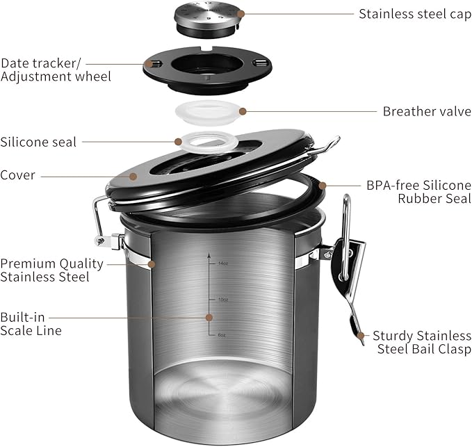 Veken Coffee Canister, Airtight Stainless Steel Kitchen Food Storage Container with Date Tracker and Scoop for Beans, Grounds, Tea, Flour, Cereal, Sugar, Cookies Jars, 16OZ Gray