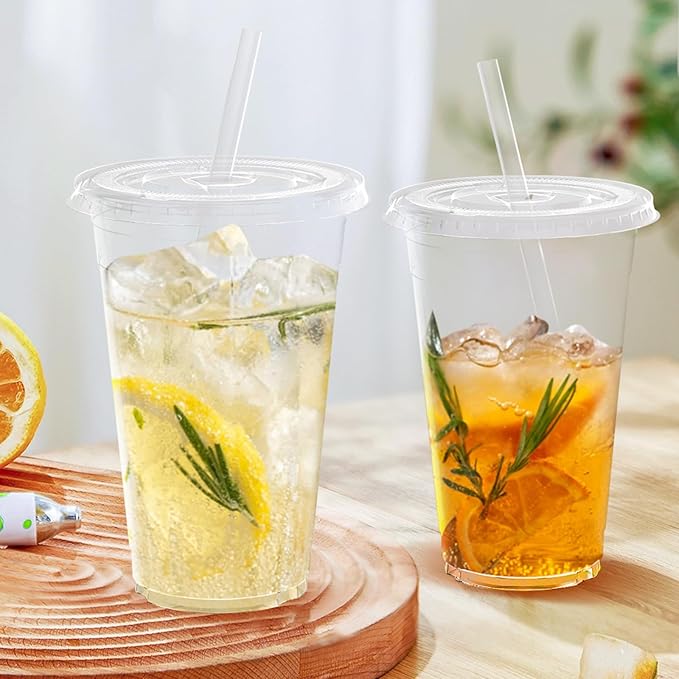 100 Pack - 24 oz Clear Plastic Cups with Lids and Straws, Sturdy & Food Safe Iced Coffee Cups with lids, Disposable Plastic Smoothie Cups for Cold Drinks