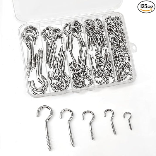 125 Pcs Screw Hooks in 5 Sizes – Cup Hooks for Hanging Plants, Mugs, Lights, and Ceiling Storage (Silver)