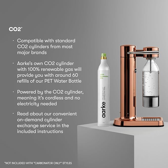 Aarke Carbonator lll with CO2 Cylinder, Sparkling & Carbonation Water Machine, Stainless Steel with PET BPA-Free Reusable Bottle Volume 1L/34 fl oz (Copper)