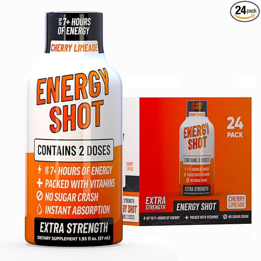 Cherry Limeade Extra Strength Energy Shot 24 pk – 260mg Natural Caffeine B12 B6 – Energy & Focus Support – 2 Servings Sugar Free Zero Calorie Green Tea B-Vitamins Electrolytes Vegan – 1.93 fl oz