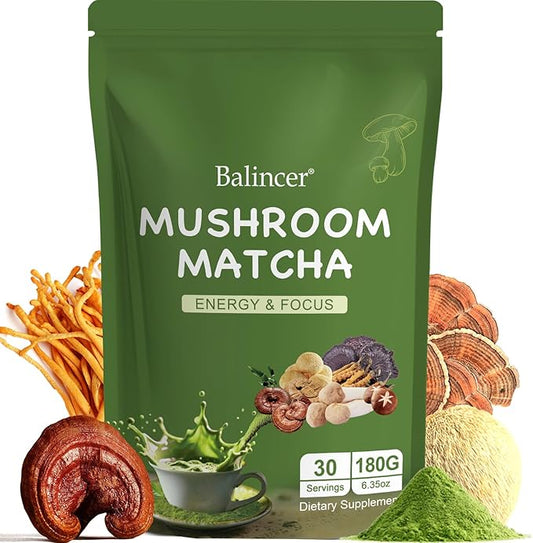 Mushroom Matcha, 6 Adaptogenic Mushrooms (Lion's Mane, Cordyceps, Turkey Tail & Other) Mixed with Ceremonial Grade Matcha for Focus, Energy, Immune and Digestion Health Support, 30 Servings