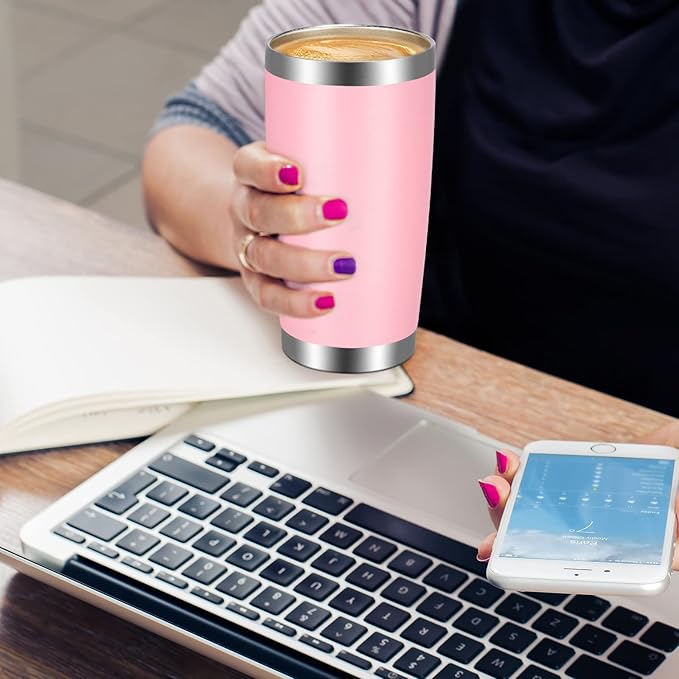 VEGOND 20oz Tumbler with Lid and Straw Stainless Steel Tumbler Cup Bulk Vacuum Insulated Double Wall Travel Coffee Mug Powder Coated Coffee Cup(Pink 12 Pack