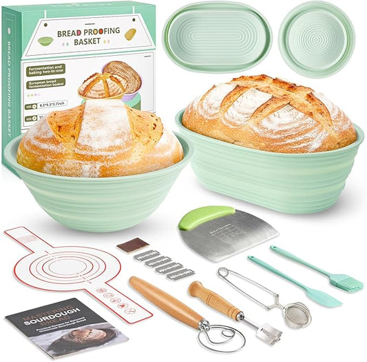 Silicone Sourdough Breads Baking Supplies, Sourdough Starter Kit, Banneton Bread Proofing Basket Set with 9" Round & 10" val, Artisan Bread Baking Tools, Silicone Bread Sling