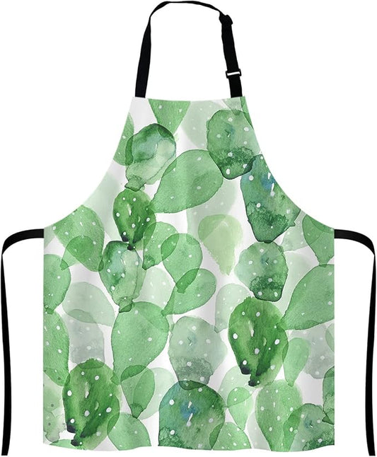 Cute Watercolor Cactus Adjustable Bib Apron, Succulent Olive Green Botanical Cooking Kitchen Apron for Men Women