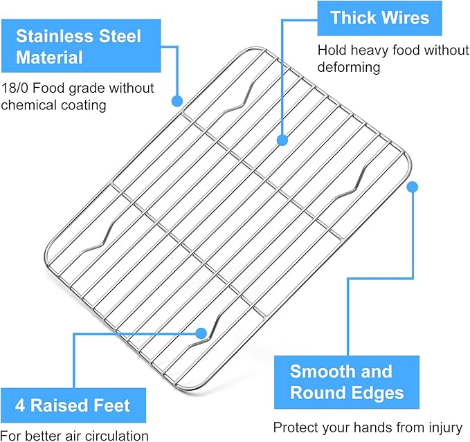 P&P CHEF Baking Cooling Rack Set for Cooking Roasting, 4-Piece Stainless Steel Wire Racks for Oven Use, Healthy & Dishwasher Safe, Rectangle, 8.6 Inch
